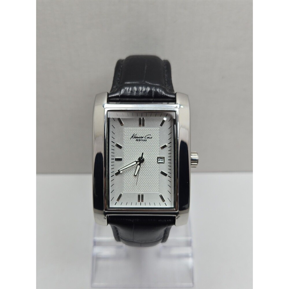 Kenneth Cole Mens 35mm Tank Silver Date Black Leather Watch Classic New Battery